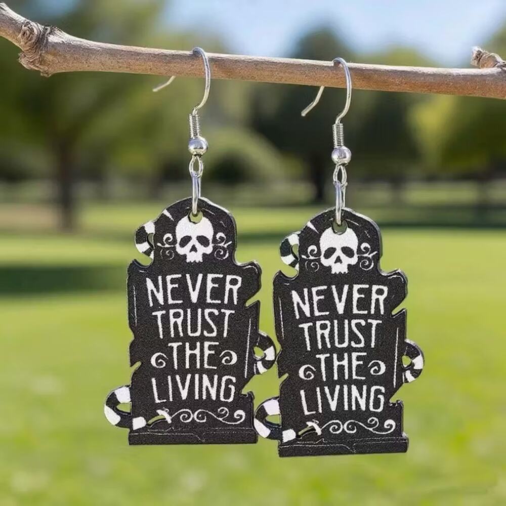Gothic Skull Tombstone Beetlejuice Never Trust The Living Earrings